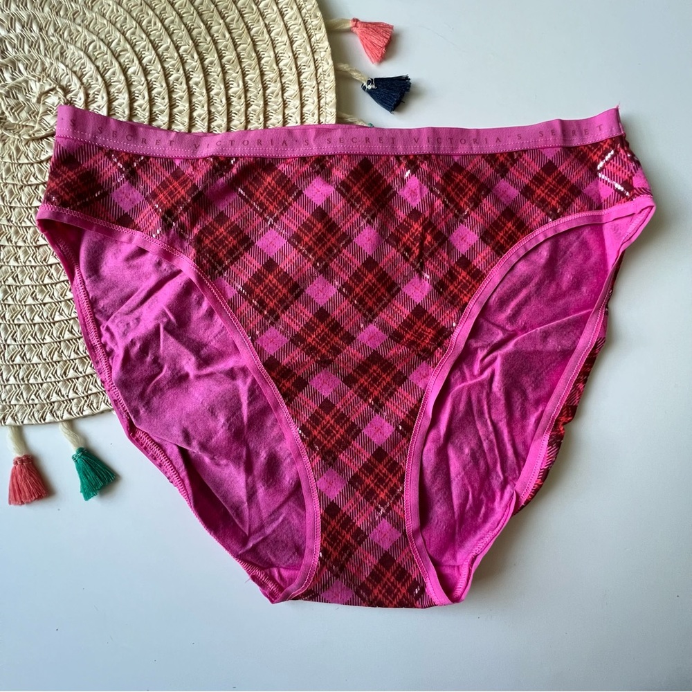 Victoria's Secret Stretch Cotton High-Leg Brief Panty Summer Pink Plaid M NEW